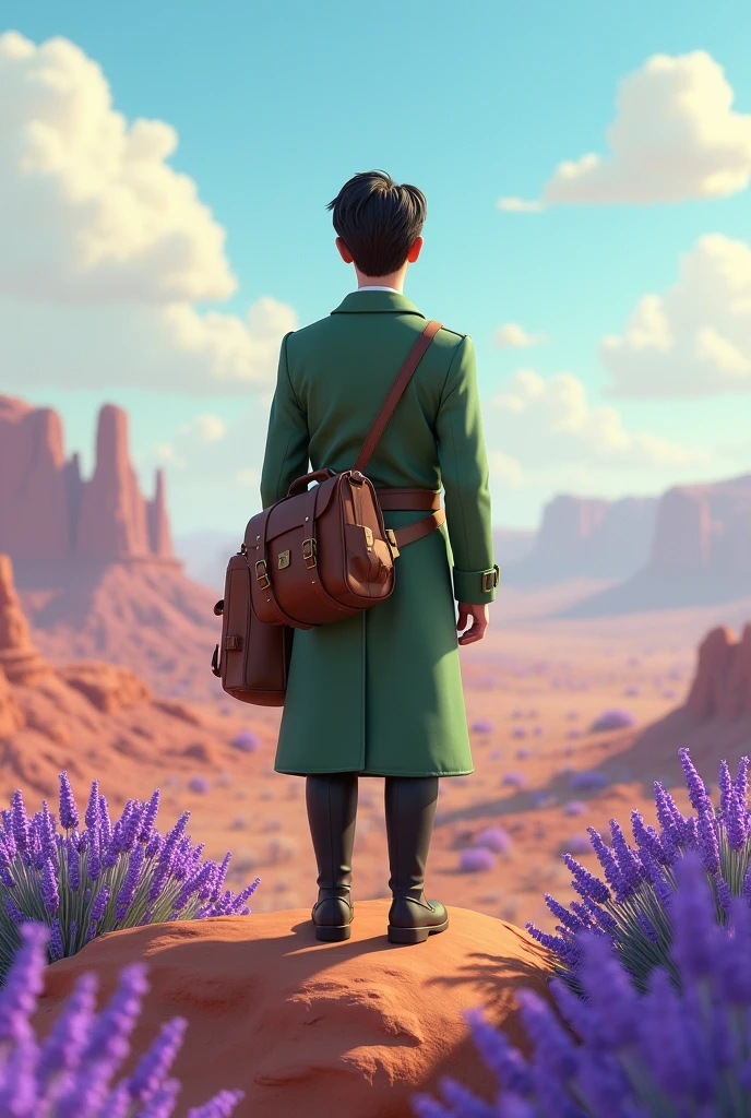 A 3d animation character from behind. From the 1900s. Wearing a long vintage greenish jacket. Male Age of 30s. Pixar style. Standing in a top of small mountain. Looking to a large land of lavender flowers and desert. Wearing a long black boots. Journalist. Cartoon Disney style. Lrge space of lavender. Carrying his travel vintage bag on his back.