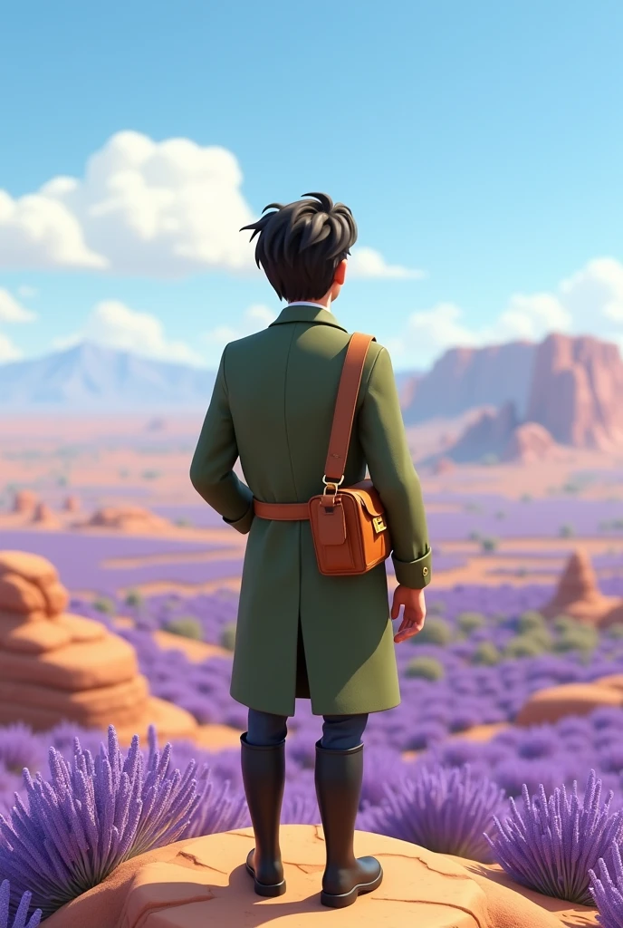 A 3d animation character from behind. From the 1900s. Wearing a long vintage greenish jacket. Male Age of 30s. Pixar style. Standing in a top of small mountain. Looking to a large land of lavender flowers and desert. Wearing a long black boots. Journalist. Cartoon Disney style. Lrge space of lavender. Carrying his travel vintage bag on his back.