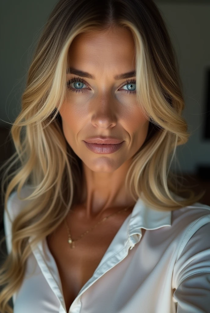 beautiful, nude, woman of 55 years old with blue eyes, blond with brown roots, long hair, looking directly at the camera, very realistic, instagram selfie, closeup face, at home, tight shirt tucked into high-waist suitpants, clothes tight against body, clothes too tight, revealing figure, film grain, fit muscular body, big breasts, cleavage, focus on face, in love with the camera, showing bare tits, nudity, super hot nude