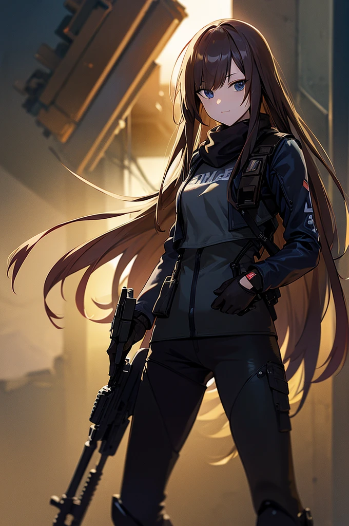 holding_gun, assault_rifle, Very detailed, Brown Hair, Long Hair, Anime Style, whole body, alone, Stylish Gunfighter Girl, Holding a steampunk long barrel pistol,Standing in the wasteland, 8K high resolution, White Background, In the spotlight, The background is a dark and desolate landscape, Horror movie atmosphere. Her figure is very beautiful, Emphasizing the dark and crazy elements. Skillfully expressing the effects of light and shadow