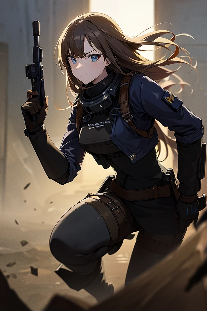 holding_gun, assault_rifle, Very detailed, Brown Hair, Long Hair, Anime Style, whole body, alone, Stylish Gunfighter Girl, Holding a steampunk long barrel pistol,Standing in the wasteland, 8K high resolution, White Background, In the spotlight, The background is a dark and desolate landscape, Horror movie atmosphere. Her figure is very beautiful, Emphasizing the dark and crazy elements. Skillfully expressing the effects of light and shadow