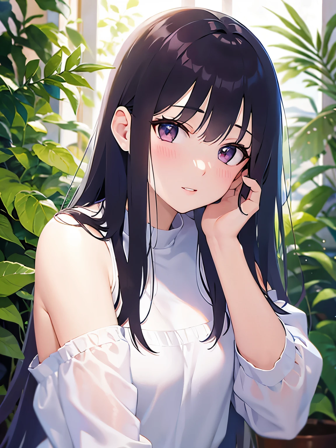 head tilt, hand on own face, Upper Body, Realistic, real person, (pale skin: 1.2), RAW photo, photorealistic, shiny skin, shiny hair、(A 25-year-old woman with straight hair and bangs) and (medium hair) and (black hair) and (purple eyes) , (white) and (off shoulder blouse) 、(blush:1.5), white background、Alone、