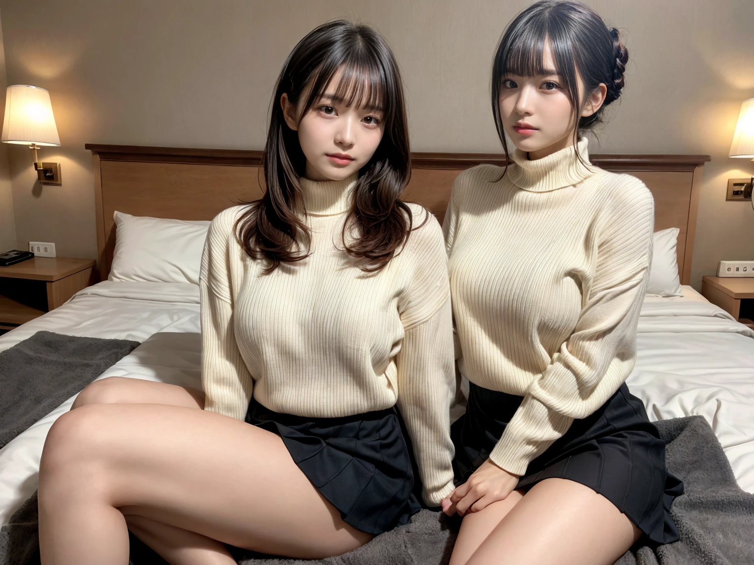 masterpiece, best quality, illustration, Super detailed, fine details, High resolution, 8K,wall paper, perfect dynamic composition,(Details High quality, realistic depiction of eyes:1.3), (2 girls), updo), white turtleneck sweater, pleated skirt, sitting, open legs, short bob hair, in a hotel room in the background, deep on field, large breasts, black hair color, Big Natural Color Lip, (perfect body shape), crying a little、Harajuku style、20 year old girl、cute type、beautiful legs, Gravure Idol