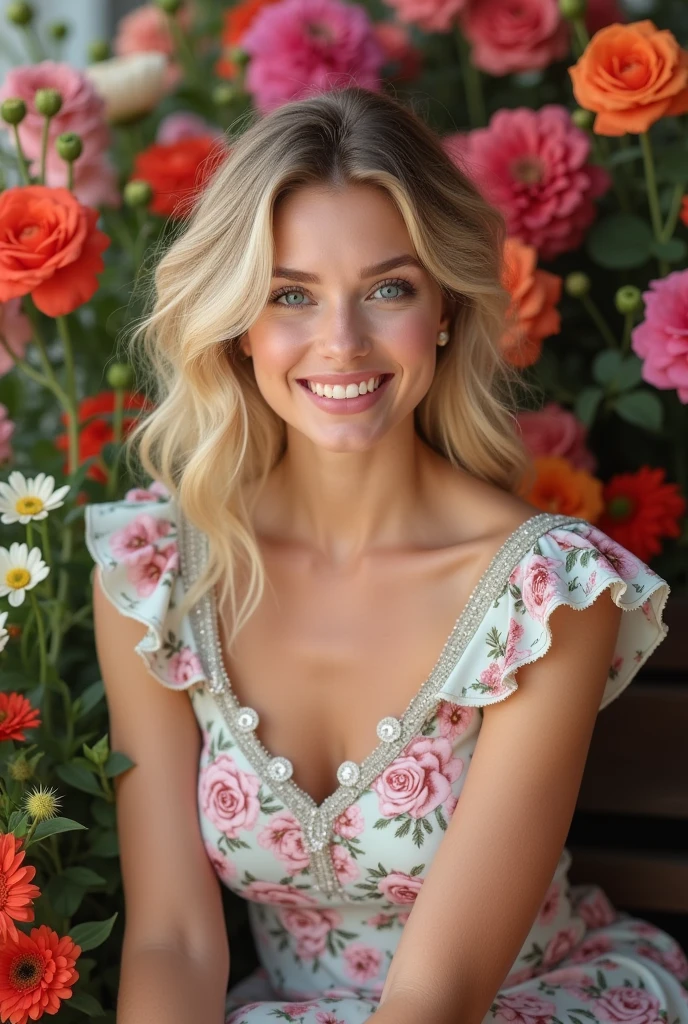 A ravishing French woman, adorned with delicate flowers, sits amidst vibrant blooms in front of a stunning kaleidoscope of colorful flowers. Her luminous face, piercing blue- turquoise eyes, and plump lips curve into a joyful smile. She poses directly into the lens, her pastel-hued dress, intricate floral patterns, and luscious blonde locks framed against the lush petals. Studio lights radiate an energetic atmosphere, illuminating every detail as she faces the camera with perfect face symmetry.