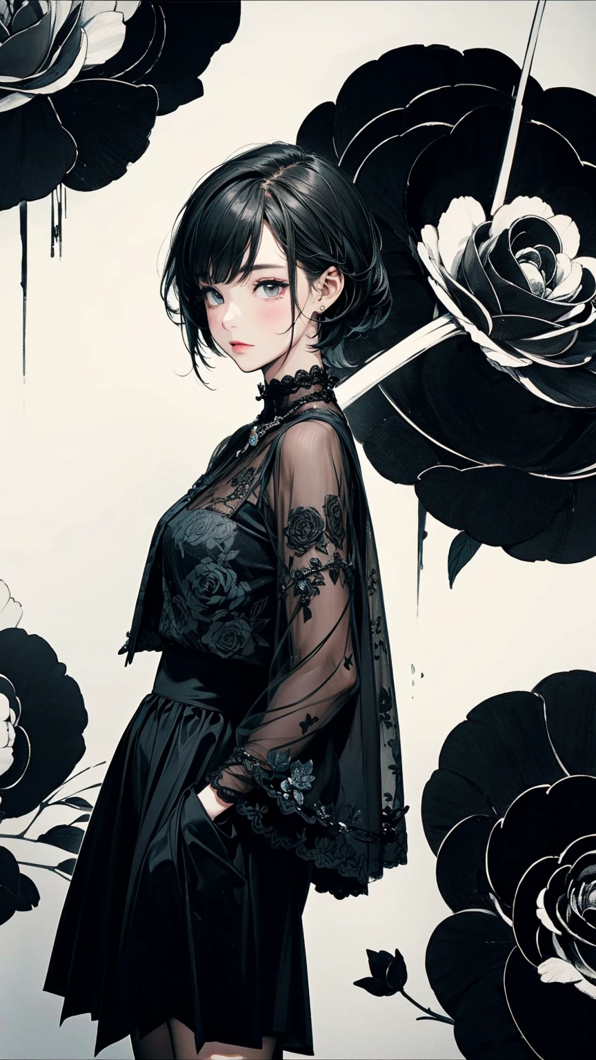 Top view, Woman with asymmetrical short hair, Putting hands in pockets, Gothic ta Fashion, Collage with black roses, abstract design, mixed-media approach, Anime Style, Simple lines, Digital Painting, Photorealistic, (masterpiece, High resolution, Highest quality)
