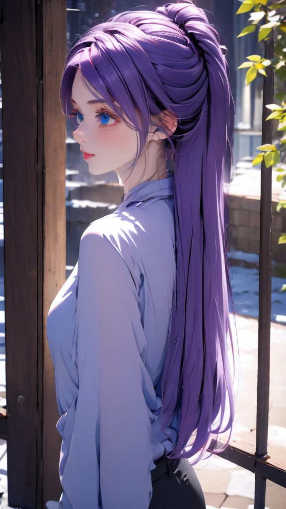 1 girl, medium light purple hair, light blue eyes, wearing black suit, city, absurdres, high res, ultrasharp, 8K, masterpiece, looking from behind