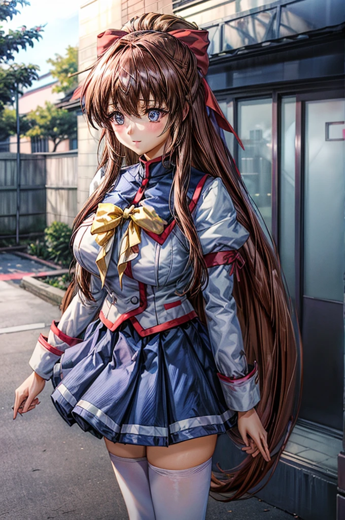 aoikan, hair bow, school uniform, long sleeves, bowtie, blue skirt, white thighhighs, She is standing at a suburban Japanese street,