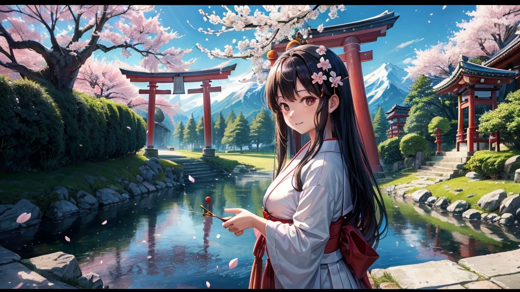 masterpiece, Highest quality, ultra-detaileded, figure, alone, extremely cute, Teen, Outdoor, morning, Japanese Shrines, Shrine maiden, Shrine maiden服, White Chihaya, (red long hakama:1.2), (Cherry Blossom:1.3), Cherry Blossom hair accessory, Black Hair, Long Hair, walk, nature, Mountain, beauty, cute, Red Torii Gate, sunny, relax, comfortable, Global warming, (Spring flower:1.1), smile, Fantasy, imagine上の, Mythologically, Shadows, Shiny, dynamic, alive, landscape, peaceful, Calm, quiet, quiet, Intuition, Adaptability, creativity, imagine, Artistry, Inspiration, sense of awe, wonder, grateful, grateful, fun, Mindfulness, consciousness, connection, Harmony, balance, texture, detailed, realism, depth, perspective, composition, color, Light, Shadow, reflection, refraction, tone, Contrast, prospect, Middle Way, background, nature主義的な, Figurative, Expressive, Impressionist, Expressionistic, Abstract, Innovative, Experimental, Individuality,