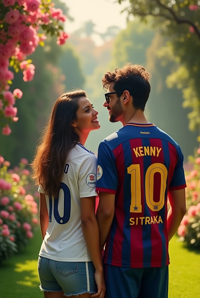 Un couple dans un jardin magnifique, la femme porte un maillot de Real Madrid écrit sitraka et l'homme porte un maillot de Barcelone écrit Kenny. Image prise par derrière
L'homme avec de cheveux ni lisse ni crépi et avec de lunettes de soleil