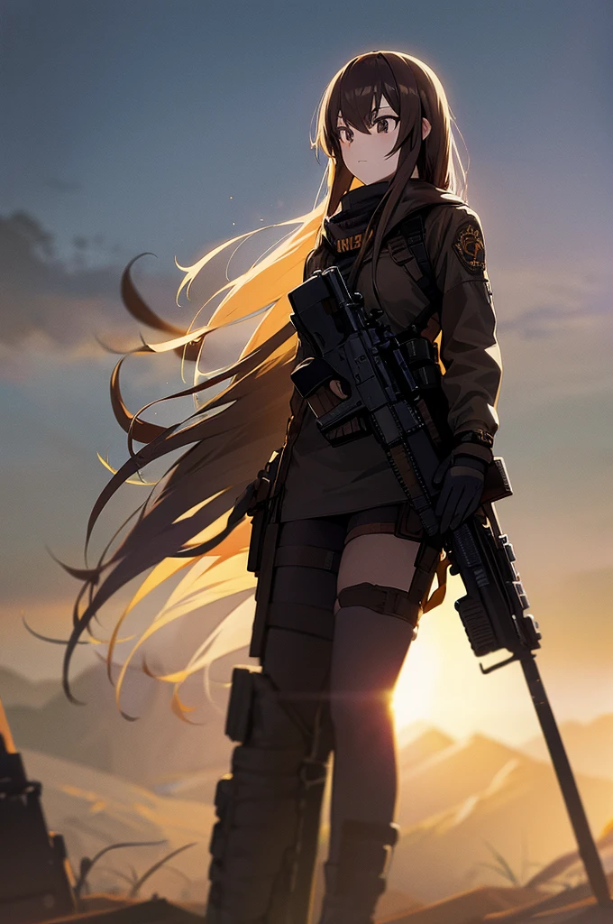 holding_gun, assault_rifle, Very detailed, Brown Hair, Long Hair, Anime Style, whole body, alone, Stylish Gunfighter Girl, Holding a steampunk long barrel pistol,Standing in the wasteland, 8K high resolution, White Background, In the spotlight, The background is a dark and desolate landscape, Horror movie atmosphere. Her figure is very beautiful, Emphasizing the dark and crazy elements. Skillfully expressing the effects of light and shadow, Anime girl with gun and rifle standing in front of a building, from Girls&#39; Frontline, mechanized Soldier Girl, Girls&#39; Frontline style, Girls&#39; Frontline cg, Soldier Girl, The finer details. Girls&#39; Frontline, Infantry Girl, Amazing anime 8k, Girls&#39; Frontline, Girls&#39; Frontline universe, Female protagonist 👀 :8, Military Girl, Ready for battle