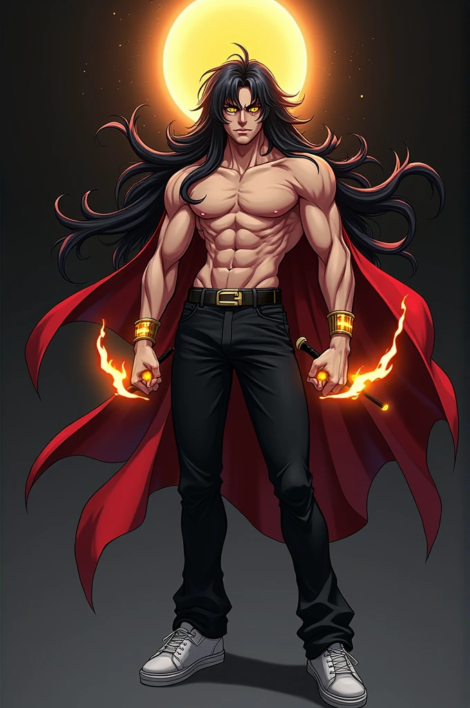 Anime Man with long hair black and red. bright yellow eyes, very muscular with a halo above his head and small halos around his wrist. Dark black jeans with white shoes and 2 swords hilt on each side of his waist