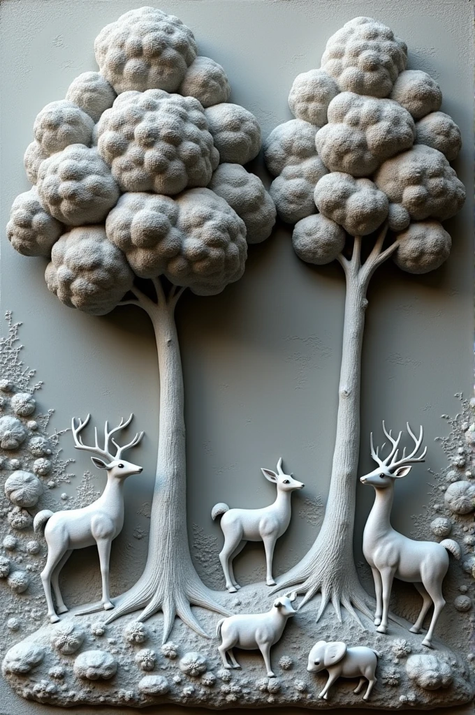 Sculpture en bas-relief en argile grise représentant un paysage avec deux arbres realistes et des animaux de la forêt