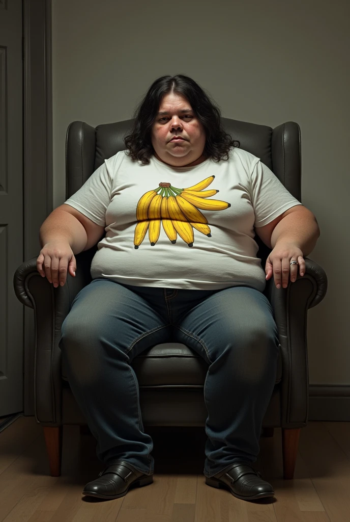 Une personne obèse avec un t-shirt avec des bananes assise sur une chaise en regardant droit devant