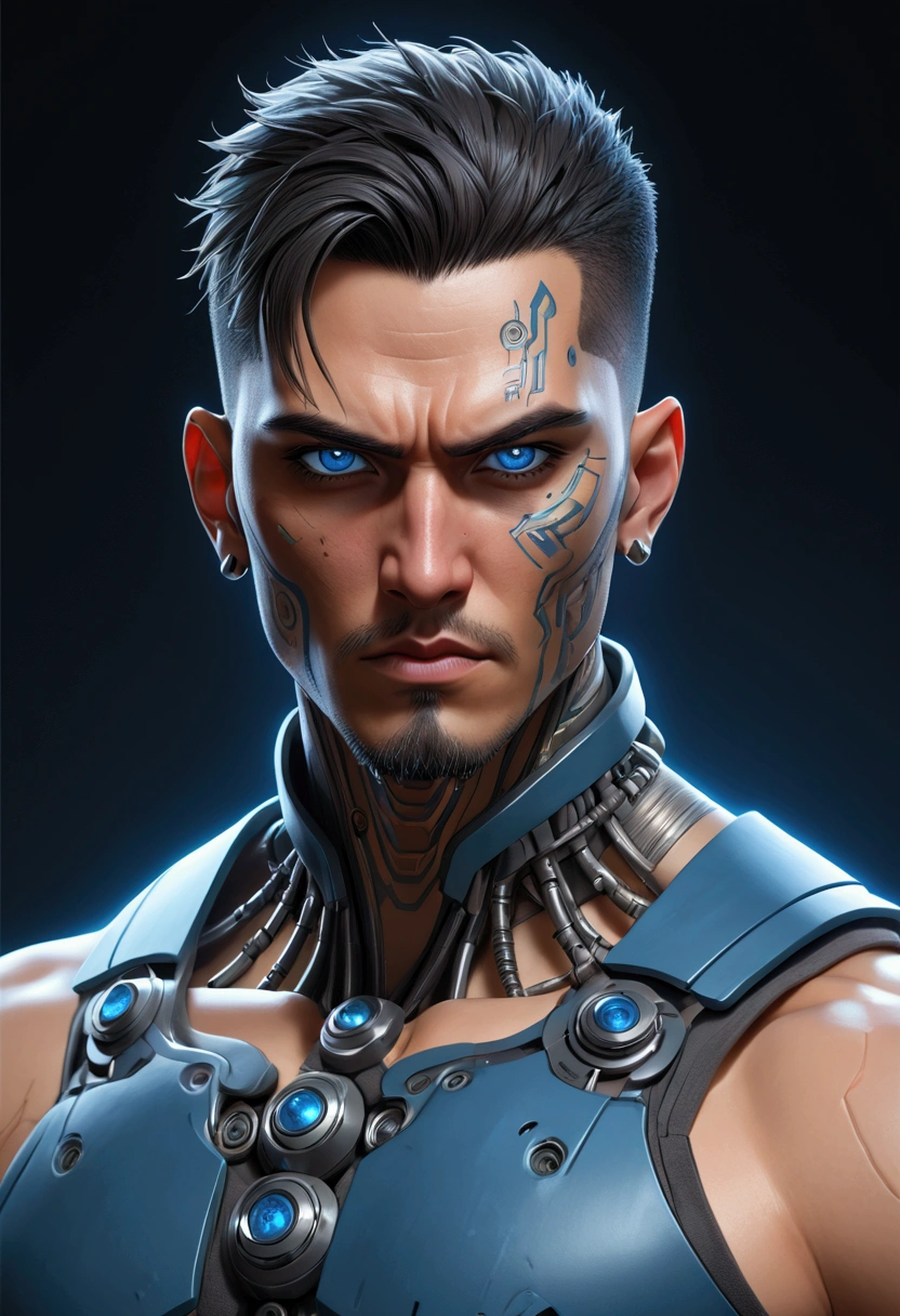 (best quality, Art, animation styling, Full of details), Upper body cut of a man with an Indian warrior feel, A man with a thick facial bone structure, A man with a thick neck and developed trapezius muscles, official anime art illustration, White person with blue eyes, Cartoon of a man wearing a mask on his face, protruding eyes, semi-realistic cyberpunk style, Portrait of a cyberpunk man, cyberpunk art ultrarealistic 8k, cyberpunk style , hyper realist, cyberpunk character, Trends in ArtStation, Complete movie character, Trends in ArtStation 4k, Cyberpunk Cyborg Upper Body, Realistic upper body like a movie, A perfectly realistic cyberpunk hero., inc썩음ibly detailed, 8k, Ultra HD, Art, best quality, very detailed, convoluted, Expressing the upper body, Show me your waist, Cyborg, a machine-to-human ratio, Chest area full of visible machine parts, Machine parts for abs too