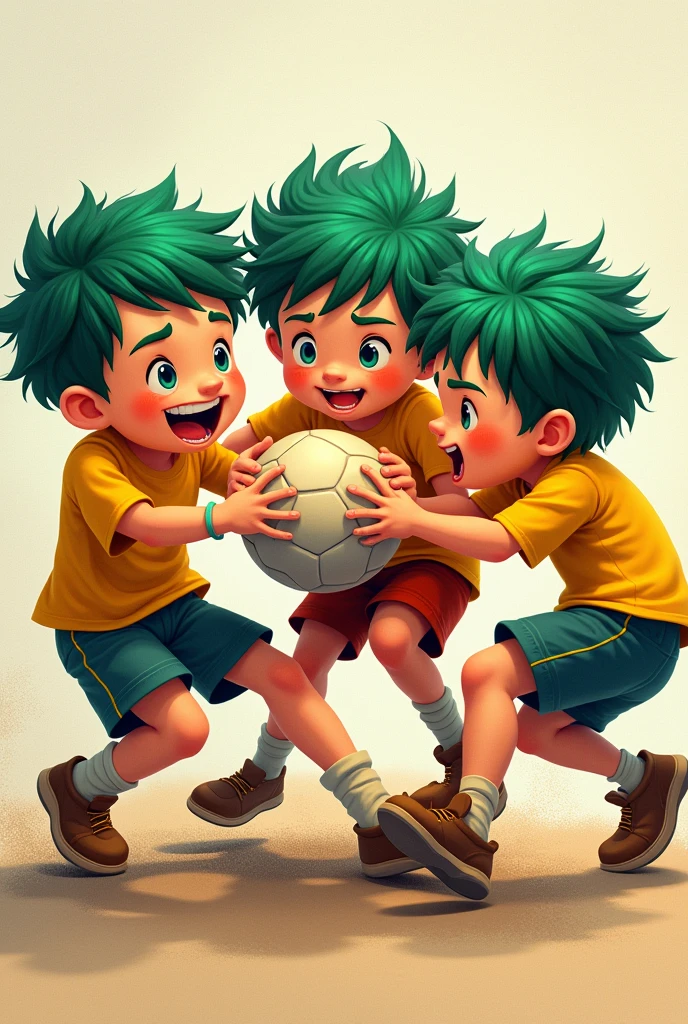 4 little boys with green hair and yellow shirt, fighting each other for a ball