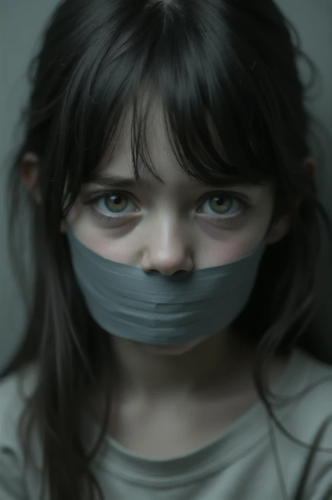 6 girl wearing grey duct tape on her mouth