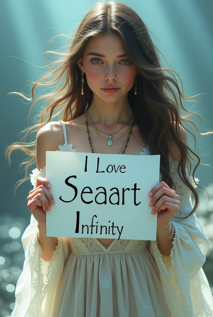 Beautiful girl with wavy long hair, bohemian dress, holding a white board with text "I Love Seaart Infinity" and showing it to the viewer