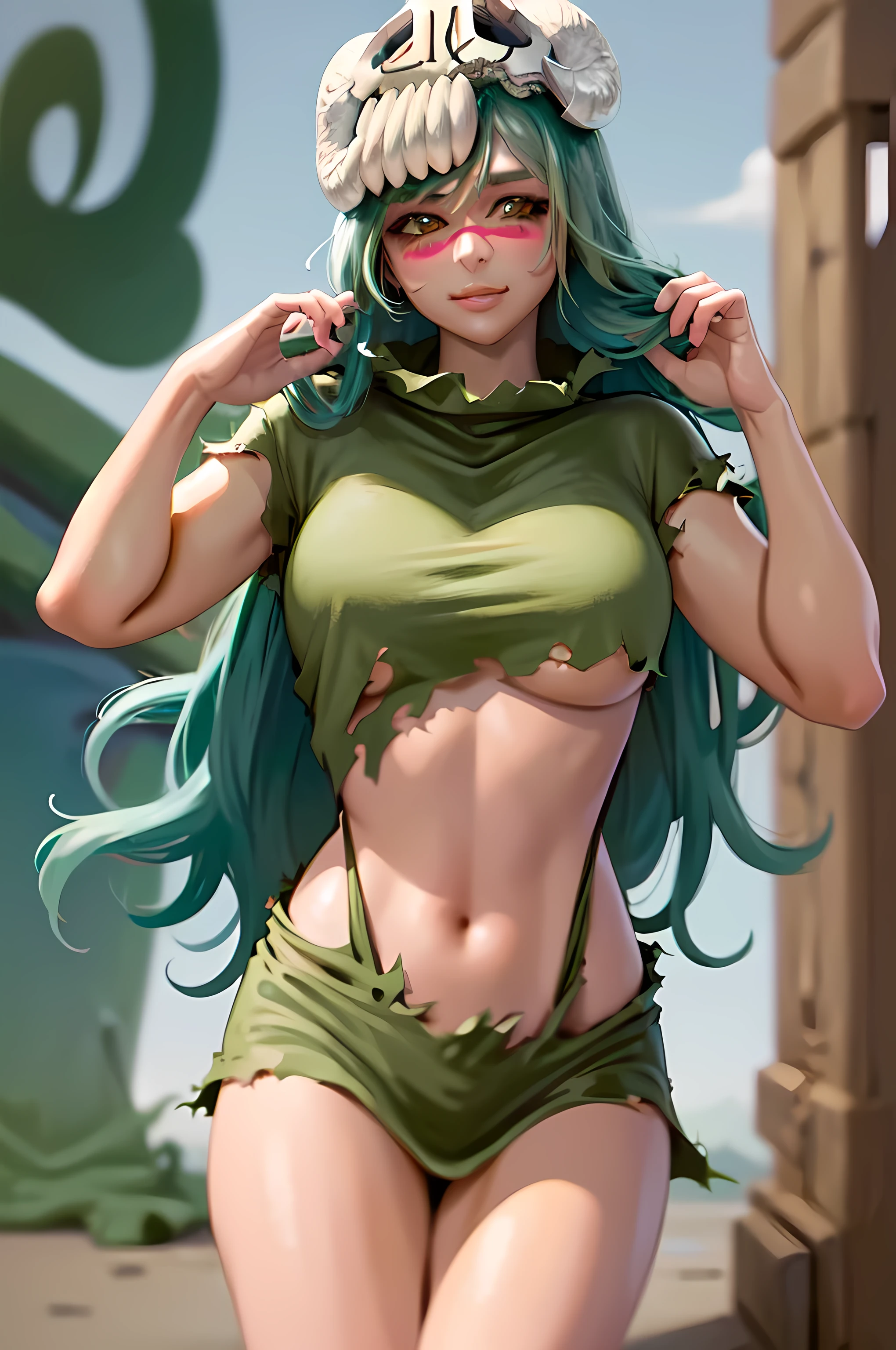 (masterpiece, best quality: 1.2), cowboy shot, solo, 1woman, odelschwanck, sensual expression, smiling, looking at the viewer, hand in own hair, green hair, skull, torn clothes, showing part of breasts, large breasts, torn skirt, big ass, barefoot