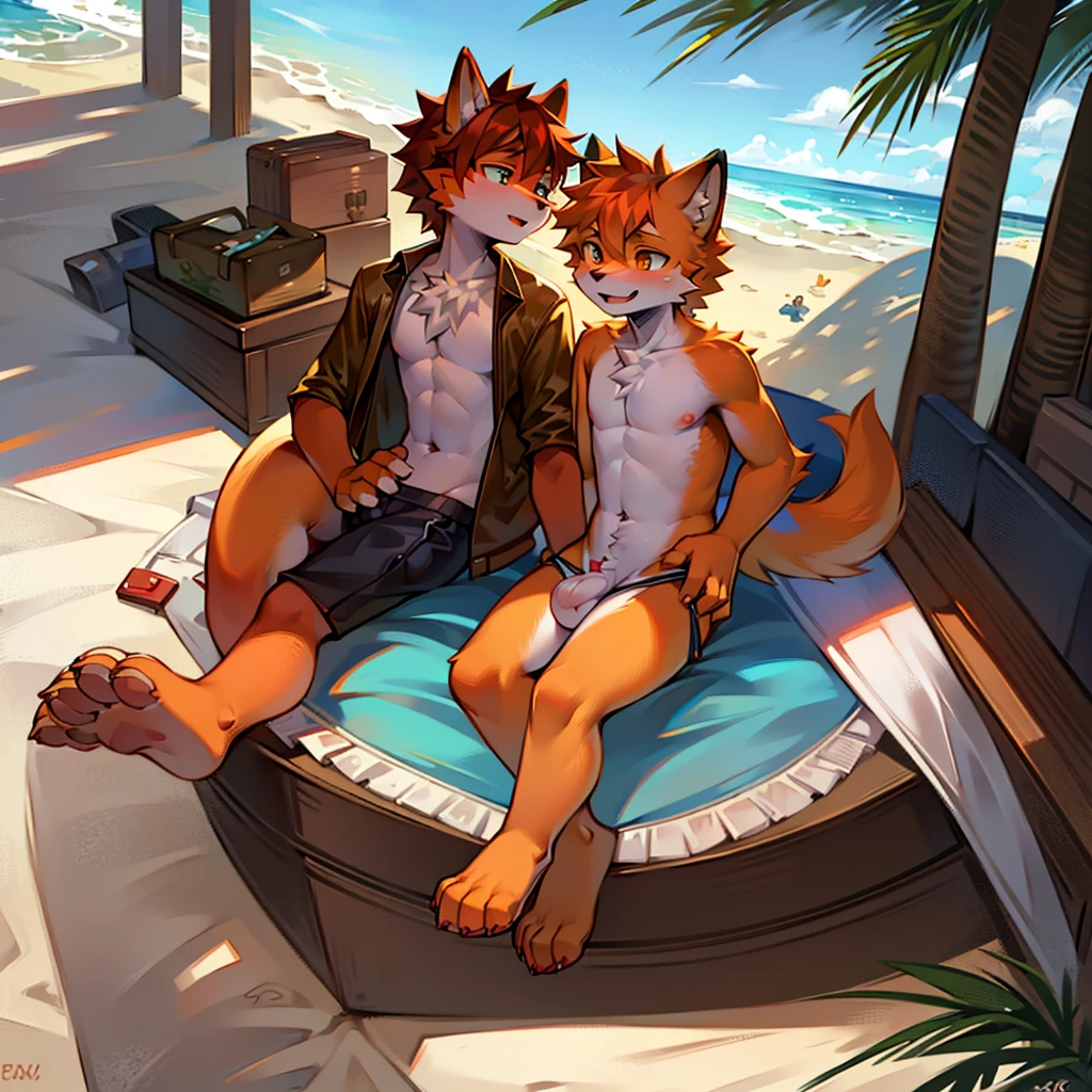 Orange furry boy, teenage boy, aged 20 years, picnicking on the beach in the morning with friends