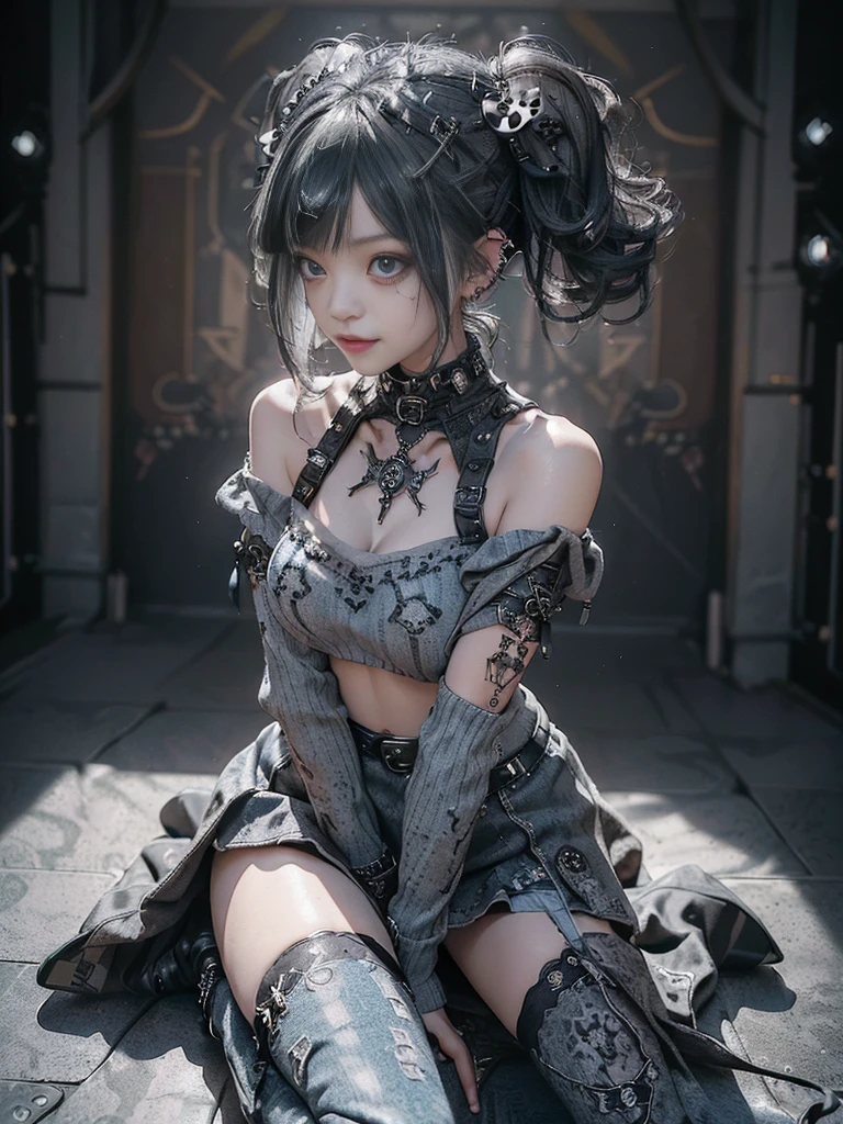 (Full Body View:1.2)、(Side view:1.1)、(Smiling with teeth showing:1.3),(Hollywood actress:1.5)、(Gothic Lolita style fashion:1.5)、(Punk RockVisual Kei:1.5)、(Wearing a sweater with intricate decoration:1.4)、(A mini skirt with delicate white, denim and charcoal embellishments.:1.5)、(Denim, light blue and leopard print boots:1.3)、((belt))、(Numerous intricate patterns all over the costume:1.4)、(collar:1.3)、(Leopard print underwear:1.5)、20-year-old、NSFW、((Highest quality、In 8K、masterpiece:1.3))、Sharp focus:1.2、(Layered Cut、Huge boobs:1.1),Beautiful woman with perfect figure:1.4、(Lying down in an aerobics position:1.3)、Slender Abs:1.2、Highly detailed face and skin texture、Detailed eyes、double eyelid,(Twin tails:1.3)、(Dark grey hair:1.3)、Gravure idol、(The background is a fantastic fashion show stage.:1.3)、(Slim Body:1.3),(Make your legs thinner:1.4),(clavicle:1.1)