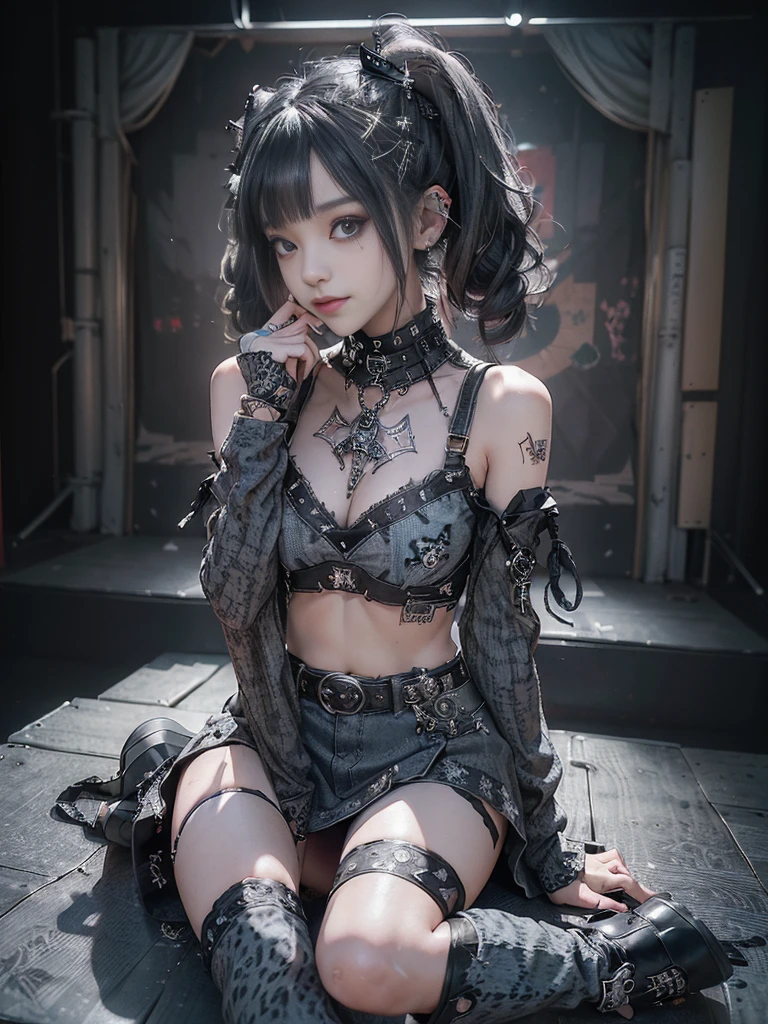 (Full Body View:1.2)、(Side view:1.1)、(Smiling with teeth showing:1.3),(Hollywood actress:1.5)、(Gothic ta style fashion:1.5)、(Punk RockVisual Kei:1.5)、(Wearing a sweater with intricate decoration:1.4)、(A mini skirt with delicate white, denim and charcoal embellishments.:1.5)、(Denim, light blue and leopard print boots:1.3)、((belt))、(Numerous intricate patterns all over the costume:1.4)、(collar:1.3)、(Leopard print underwear:1.5)、20-year-old、NSFW、((Highest quality、In 8K、masterpiece:1.3))、Sharp focus:1.2、(Layered Cut、Huge boobs:1.1),Beautiful woman with perfect figure:1.4、(Lying down in an aerobics position:1.3)、Slender Abs:1.2、Highly detailed face and skin texture、Detailed eyes、double eyelid,(Twin tails:1.3)、(Dark grey hair:1.3)、Gravure idol、(The background is a fantastic fashion show stage.:1.3)、(Slim Body:1.3),(Make your legs thinner:1.4),（clavicle:1.1）