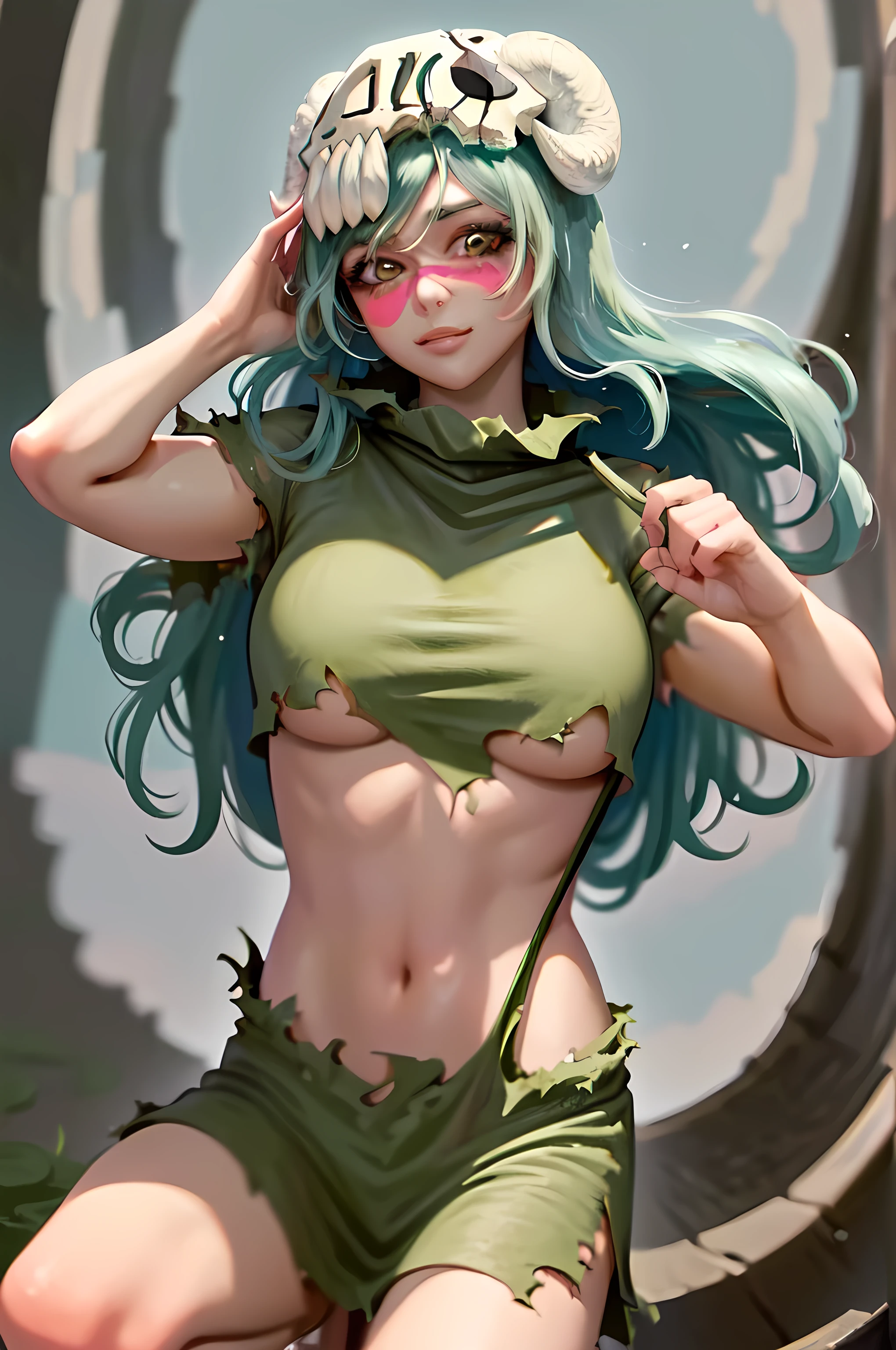 (masterpiece, best quality: 1.2), cowboy shot, solo, 1woman, odelschwanck, sensual expression, smiling, looking at the viewer, hand in own hair, green hair, skull, torn clothes, showing part of breasts, large breasts, torn skirt, big ass, barefoot