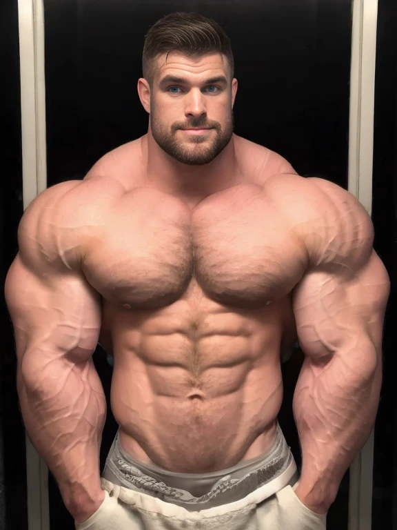 Handsome white man, 30 years old, hairy body, bodybuilder, barechested, (white towel around his waist), (front view:1.2), still pose, short beard, serious face, wet hair, wet body, soaked, well-framed, hunky, lean and ripped, rippling chest, (human:1.7), Clark