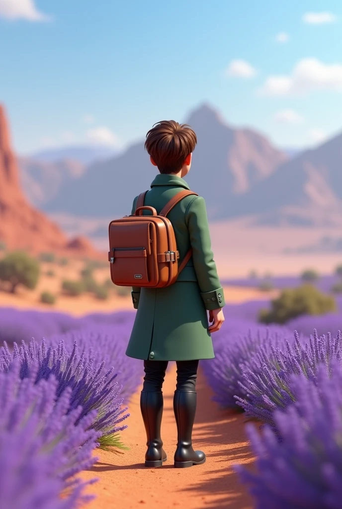 A 3d animation character from behind. Brown hair. From the 1900s. Wearing a long vintage greenish jacket. Male Age of 30s. Pixar style. Standing in a top of small mountain. Looking to a large land of lavender flowers and desert. Wearing a long black boots. Journalist. Cartoon Disney style. Lrge space of lavender. Carrying his travel vintage bag on his back. No mountains in the picture.