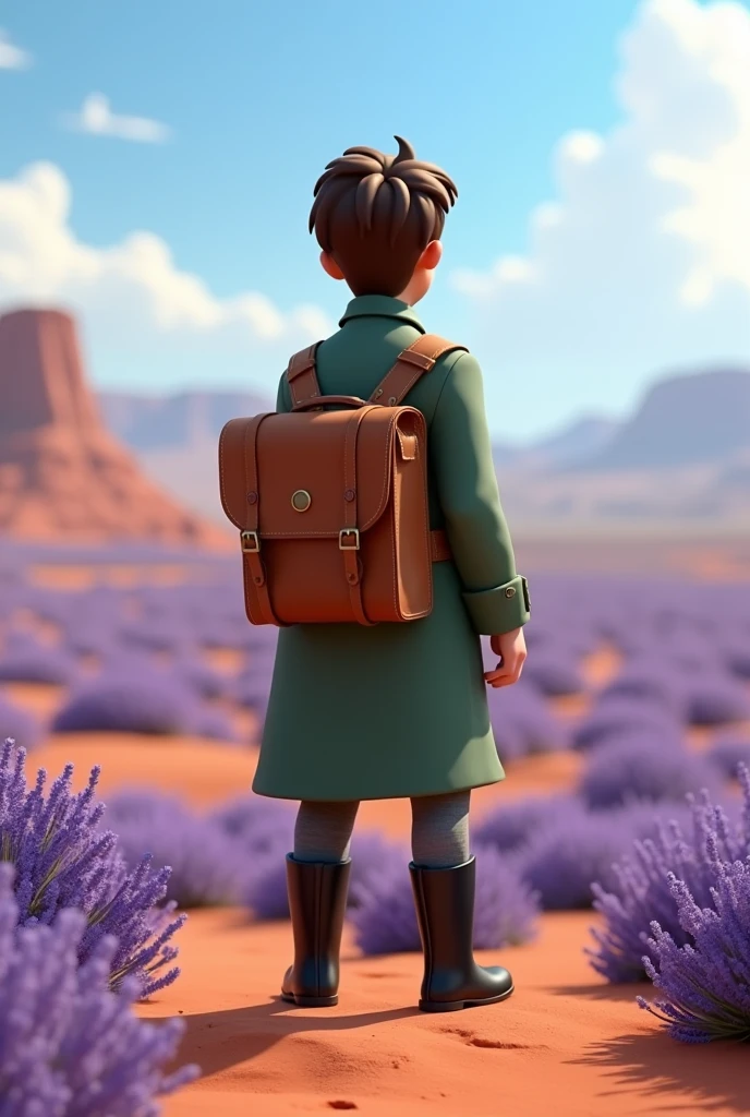 A 3d animation character from behind. Brown hair. From the 1900s. Wearing a long vintage greenish jacket. Male Age of 30s. Pixar style. Standing in a top of small mountain. Looking to a large land of lavender flowers and desert. Wearing a long black boots. Journalist. Cartoon Disney style. Lrge space of lavender. Carrying his travel vintage bag on his back. No mountains in the picture.