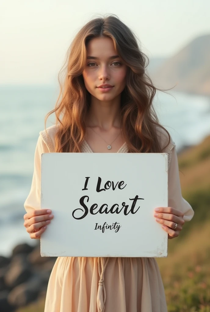 Beautiful girl with wavy long hair, bohemian dress, holding a white board with text "I Love Seaart Infinity" and showing it to the viewer
