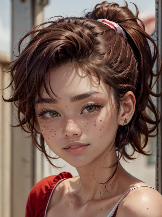 Photo of a -yeld Euean girl, .RAW, beautiful woman, (Light brown hair with ponytail hairstyle ), Ponytail hairstyle ((portrait)), ((detailed face:1.2)), ((detailed facial features)), (finely detailed skin), nurse uniform , (( red mini skirt)) red and white band around the head, sports shoes with freckles on cheeks and chest ,park, london ferris wheel、revealing clothing , erotic clothes、small breasts , big smile (cool color), humid, humid, Reflectors, (Tabletop) (perfect proportions)(Realistic photos)(The best quality) (detailed) photographed with a Canon EOS R5, 50mm lens, f/2.8, NffSW, (8k) (wallpaper) (cinematic lighting) (Dramatic lighting) (sharp focus) (Convoluted) ,  Whole body, beautiful woman body , game pose, ((skunny)), ((tall face))