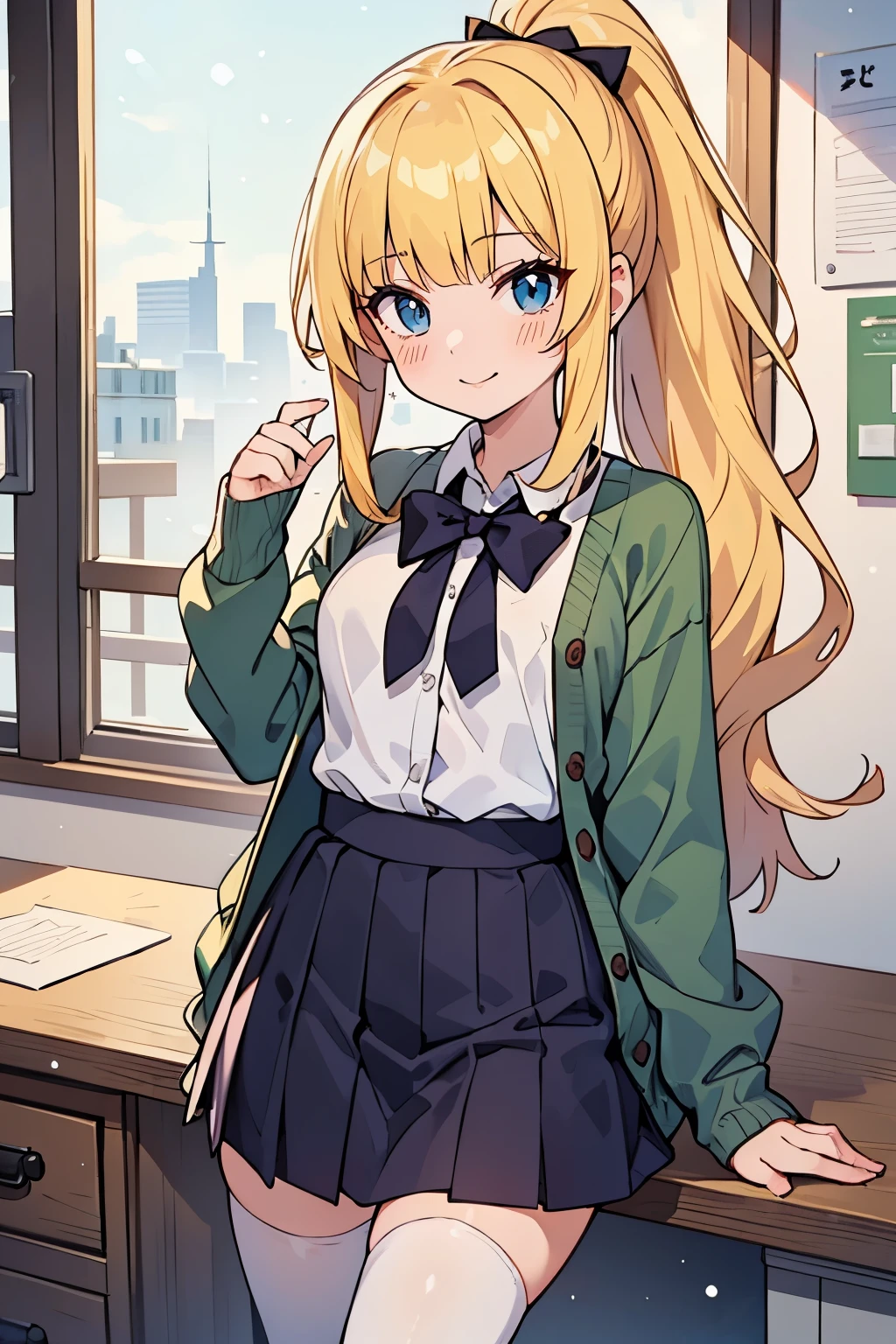 Safe for work, masterpiece, best quality, solo, 1 girl,  cute girl, wholesome girl, (young female body:1.4), ( medium small breasts), cowboy shot, shy smile, flustered, yellow hair, voluminous wavy hair, extra long hair, hime cut, very blunt bangs, light blue eyes, office room, desk, green school uniform, short dark green skirt, white tigh high tights, winter school uniform, green waist high skirt, ponytail , green cardigan 