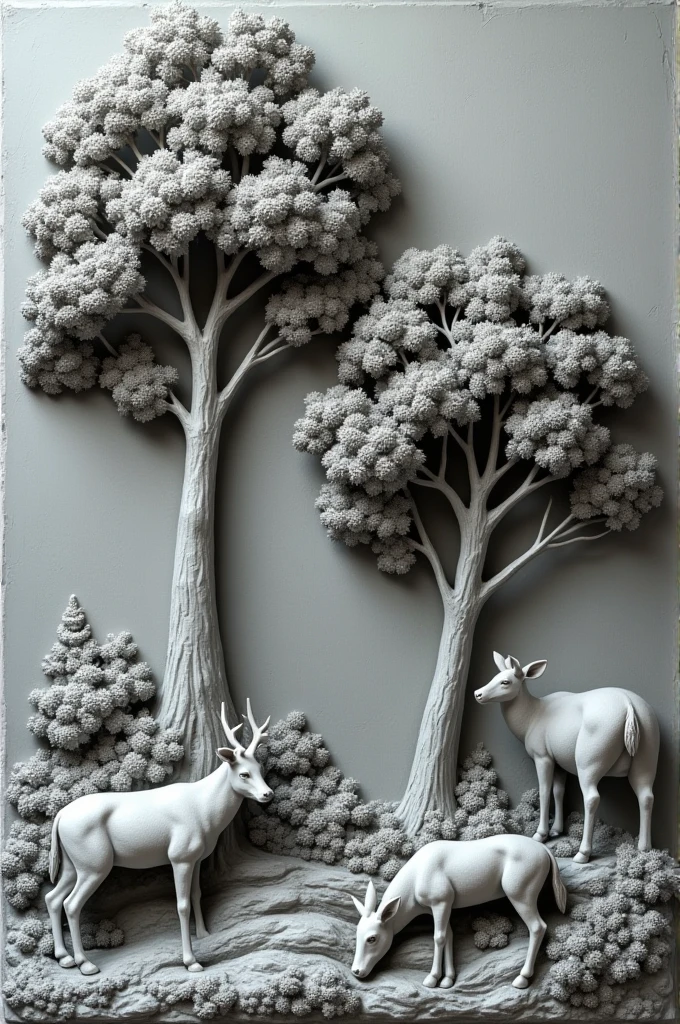 Sculpture en bas-relief en argile grise représentant un paysage avec deux arbres realistes et des animaux de la forêt