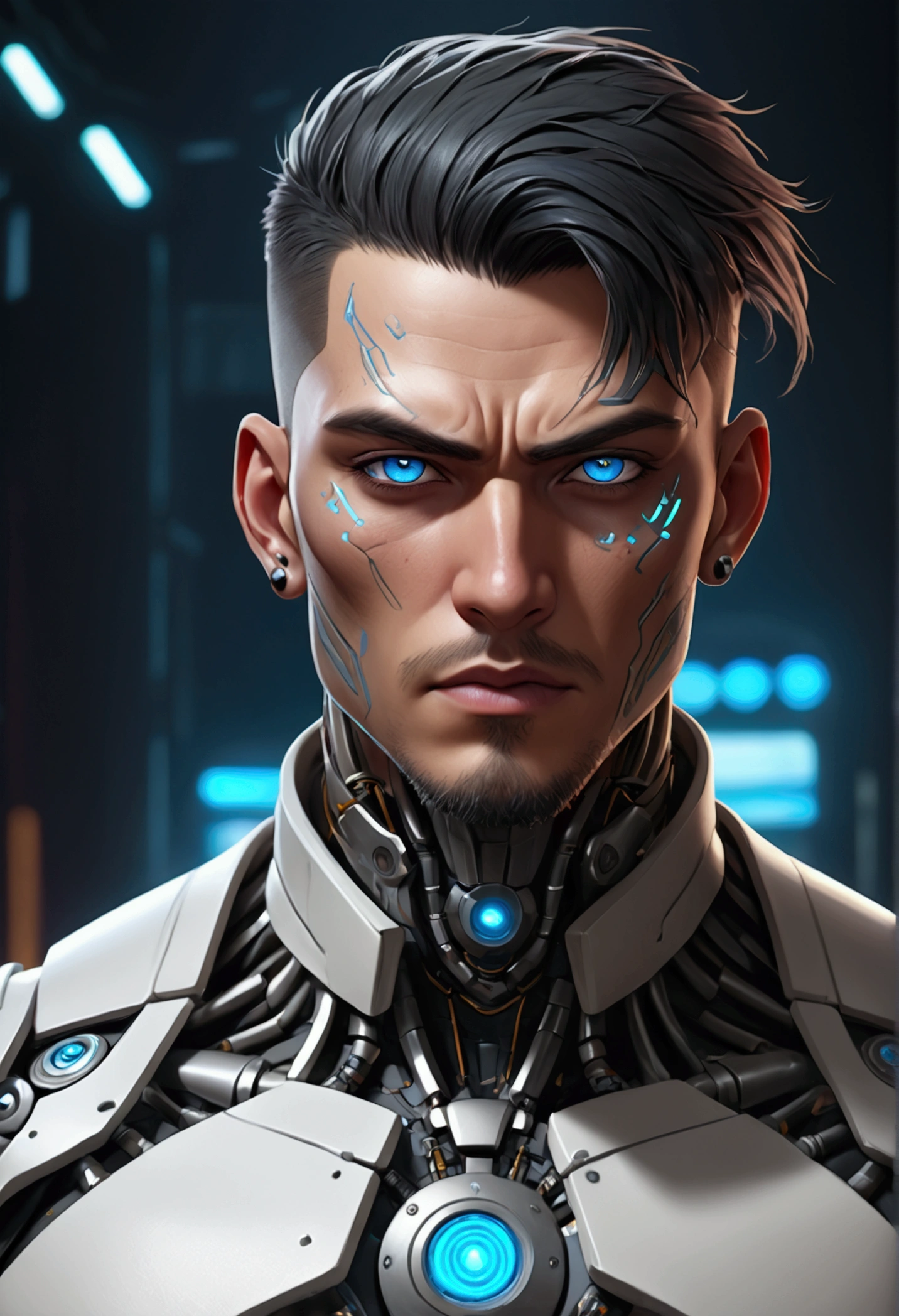 (best quality, Art, animation styling, Full of details), Upper body cut of a man with an Indian warrior feel, A man with a thick facial bone structure, A man with a thick neck and developed trapezius muscles, official anime art illustration, White person with blue eyes, Cartoon of a man wearing a mask on his face, protruding eyes, semi-realistic cyberpunk style, Portrait of a cyberpunk man, cyberpunk art ultrarealistic 8k, cyberpunk style , hyper realist, cyberpunk character, Trends in ArtStation, Complete movie character, Trends in ArtStation 4k, Cyberpunk Cyborg Upper Body, Realistic upper body like a movie, A perfectly realistic cyberpunk hero., inc썩음ibly detailed, 8k, Ultra HD, Art, best quality, very detailed, convoluted, Expressing the upper body, Show me your waist, Cyborg, a machine-to-human ratio, Chest area full of visible machine parts, Machine parts for abs too, All below the neck is mechanical