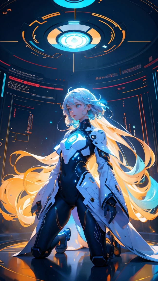 A futuristic and majestic scene featuring a powerful, otherworldly figure standing in the center of a high-tech chamber. The figure is adorned in an elaborate, golden robe with intricate designs and radiates an aura of light and energy. Surrounding the figure are glowing symbols and holographic projections floating in the air, adding to the mystical atmosphere. At the feet of the figure, there are several individuals kneeling and working with advanced holographic laptops, connected to the floor, which resembles a circuit board. Replace the central figure with a beautiful, cute girl while maintaining the same futuristic, majestic style and ethereal presence. Ensure the new character has similarly styled clothing and accessories, fitting seamlessly into the scene. The background, glowing symbols, and overall color scheme should remain exactly the same, preserving the powerful and futuristic feel of the image.