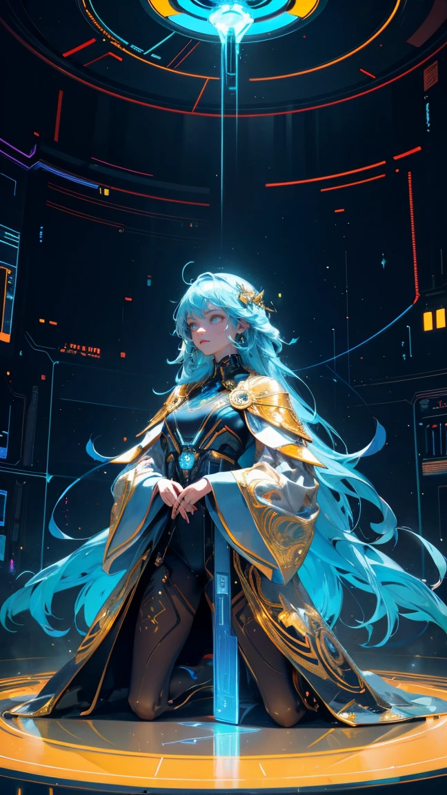 A futuristic and majestic scene featuring a powerful, otherworldly figure standing in the center of a high-tech chamber. The figure is adorned in an elaborate, golden robe with intricate designs and radiates an aura of light and energy. Surrounding the figure are glowing symbols and holographic projections floating in the air, adding to the mystical atmosphere. At the feet of the figure, there are several individuals kneeling and working with advanced holographic laptops, connected to the floor, which resembles a circuit board. Replace the central figure with a beautiful, cute girl while maintaining the same futuristic, majestic style and ethereal presence. Ensure the new character has similarly styled clothing and accessories, fitting seamlessly into the scene. The background, glowing symbols, and overall color scheme should remain exactly the same, preserving the powerful and futuristic feel of the image.