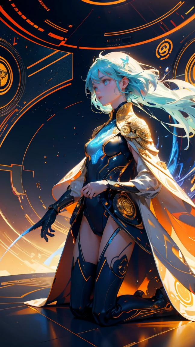 A futuristic and majestic scene featuring a powerful, otherworldly figure standing in the center of a high-tech chamber. The figure is adorned in an elaborate, golden robe with intricate designs and radiates an aura of light and energy. Surrounding the figure are glowing symbols and holographic projections floating in the air, adding to the mystical atmosphere. At the feet of the figure, there are several individuals kneeling and working with advanced holographic laptops, connected to the floor, which resembles a circuit board. Replace the central figure with a beautiful, cute girl while maintaining the same futuristic, majestic style and ethereal presence. Ensure the new character has similarly styled clothing and accessories, fitting seamlessly into the scene. The background, glowing symbols, and overall color scheme should remain exactly the same, preserving the powerful and futuristic feel of the image.