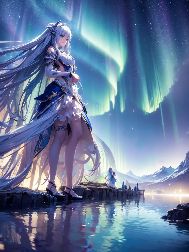 Masterpiece High resolution Top quality Fractal art Aurora and white and blue mix long hair Standing on the lake Fantastic background Older sister Fantasy art