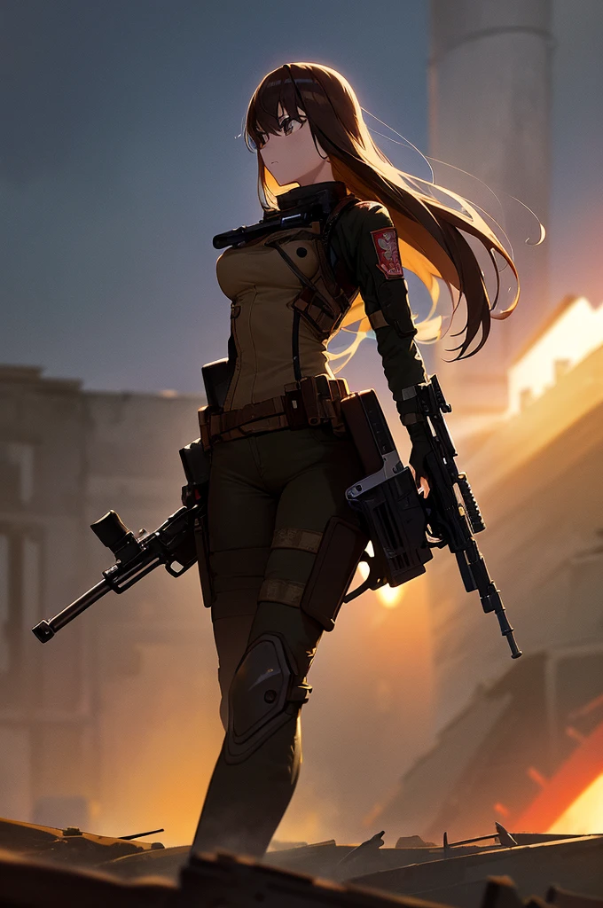 holding_gun, assault_rifle, Very detailed, Brown Hair, Long Hair, Anime Style, whole body, alone, Stylish Gunfighter Girl, Holding a steampunk long barrel pistol,Standing in the wasteland, 8K high resolution, White Background, In the spotlight, The background is a dark and desolate landscape, Horror movie atmosphere. Her figure is very beautiful, Emphasizing the dark and crazy elements. Skillfully expressing the effects of light and shadow, Anime girl with gun and rifle standing in front of a building, from Girls&#39; Frontline, mechanized Soldier Girl, Girls&#39; Frontline style, Girls&#39; Frontline cg, Soldier Girl, The finer details. Girls&#39; Frontline, Infantry Girl, Amazing anime 8k, Girls&#39; Frontline, Girls&#39; Frontline universe, Female protagonist 👀 :8, Military Girl, Ready for battle