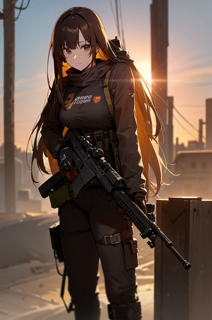 holding_gun, assault_rifle, Very detailed, Brown Hair, Long Hair, Anime Style, whole body, alone, Stylish Gunfighter Girl, Holding a steampunk long barrel pistol,Standing in the wasteland, 8K high resolution, White Background, In the spotlight, The background is a dark and desolate landscape, Horror movie atmosphere. Her figure is very beautiful, Emphasizing the dark and crazy elements. Skillfully expressing the effects of light and shadow, Anime girl with gun and rifle standing in front of a building, from Girls&#39; Frontline, mechanized Soldier Girl, Girls&#39; Frontline style, Girls&#39; Frontline cg, Soldier Girl, The finer details. Girls&#39; Frontline, Infantry Girl, Amazing anime 8k, Girls&#39; Frontline, Girls&#39; Frontline universe, Female protagonist 👀 :8, Military Girl, Ready for battle