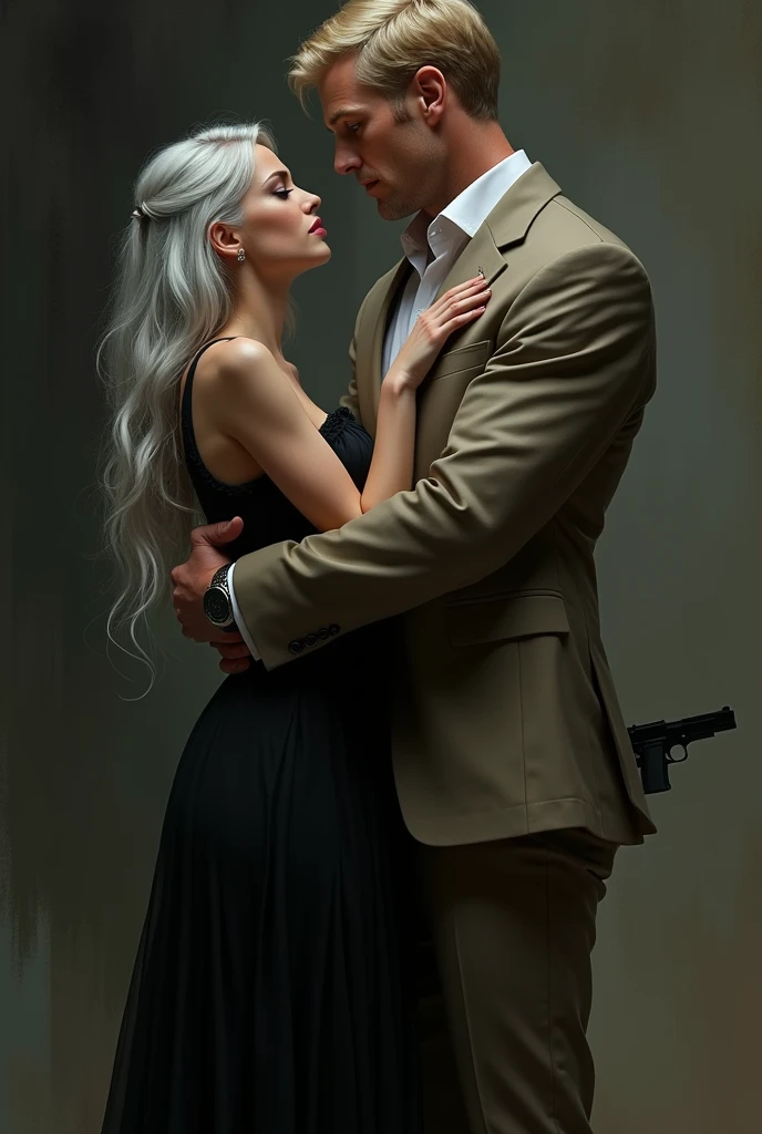 A silver-haired woman, with a long, elegant black dress, dark blue eyes and fair skin.With a tall man, blonde hair, fair skin, wearing a khaki suit, hugging a woman.Man holding a gun.