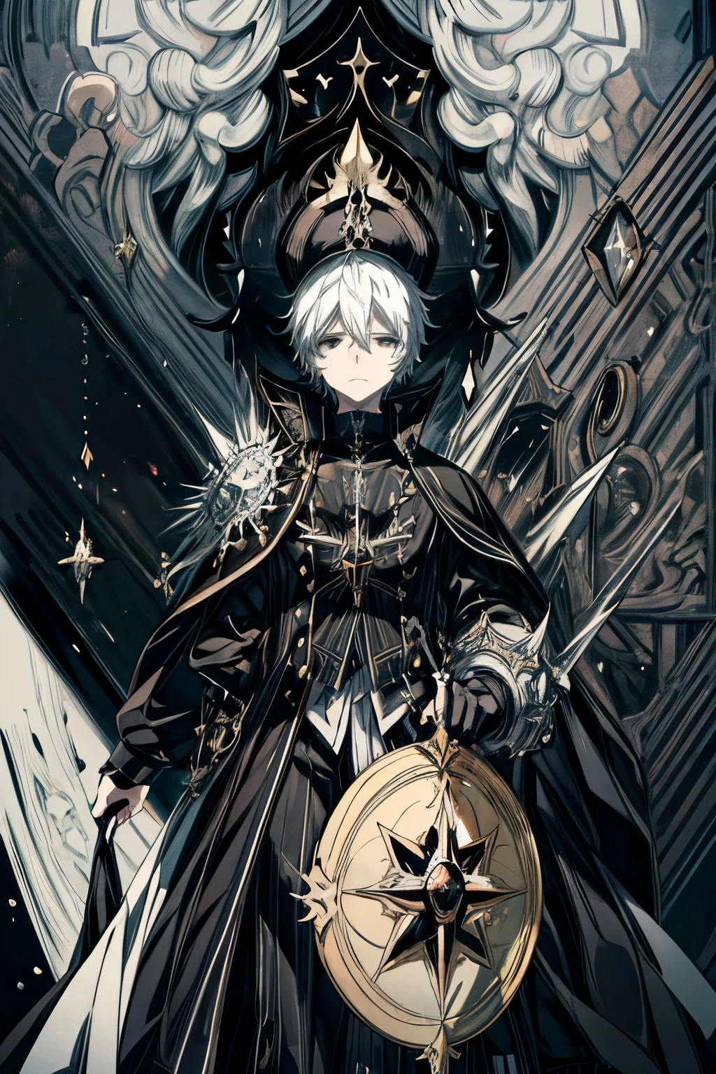 1 boy, detailed intricate portrait, anime style, adult, masterpiece, best quality, (black chaos star:1.2), priestly attire, white hair, black eyes, mitre, intricate details, dramatic lighting, cinematic composition, dark fantasy, chiaroscuro, dramatic shadows, dynamic pose