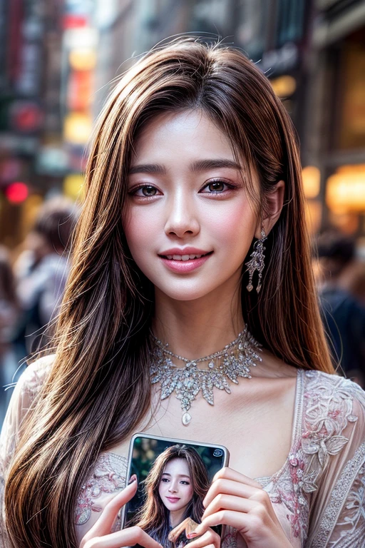 (ultra realistic), (illustration), (high resolution), (8ก), (Very detailsed), (Best illustration), (Beautiful and detailsed Eyes), (best quality), (Ultra detailsed), (Masterpiece), (Wallpaper), (detailsed Face), Pores on the face,alone,one woman,, Fine details, detailsed Face, (details),(realistic light: 1.1),À la Fed, picture of a long-haired woman smiling at a photo, A cute Korean face, , Korean actresses, , cute korean stars, beautiful korean girl,