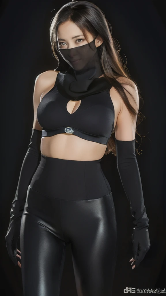 (lifelike, high - resolution:1.3),full body , 1 girl with a perfect body, Super fine face and eyes,slong hair, diamond midriff of black colors:1.2, black shiny leggings,face veil, big boob,Expose cleavage, ninja pose, satin gloves.