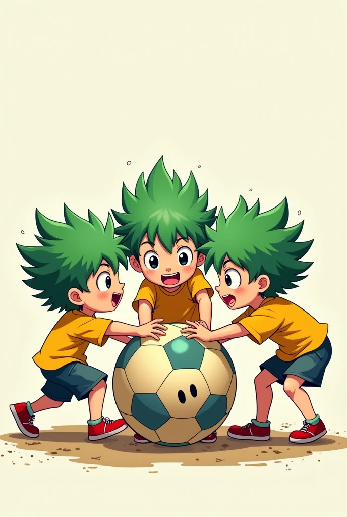 4 little boys with green hair and yellow shirt, fighting each other for a ball that is not realistic, that its design is the same as the anime without so much realism 
