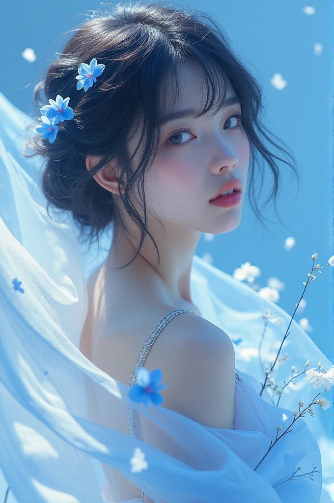 Album cover, feminine, color blue and white