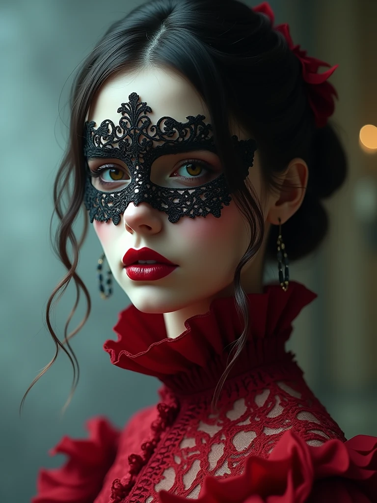 a close up of a person wearing a mask, dreamy gothic girl, elegant render, half body photo, mistress, photoshop render, ebony rococo, elegant girl, female spy, haunting beautiful young woman, super-hero girl, extravagant dress, beauty girl'red latex)