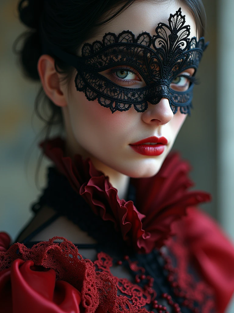 a close up of a person wearing a mask, dreamy gothic girl, elegant render, half body photo, mistress, photoshop render, ebony rococo, elegant girl, female spy, haunting beautiful young woman, super-hero girl, extravagant dress, beauty girl'red latex)