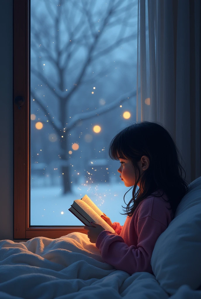I want an image of a -yeld bl-haired girl looking out the window at the cold outside while reading a book in her warm bed.