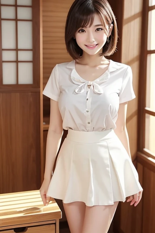 Japanese、One girl、30 years old、OL、（Big Breasts）、White skin、cute、Smile、Short Hair、Narrow waist、Beautiful feet、Thin legs、slender、Ribbon blouse、（mini skirt）、((flare skirt))、sunny、office
